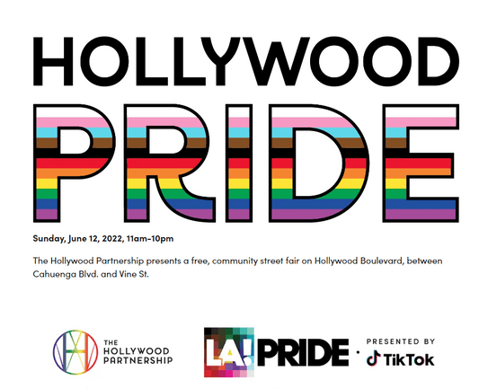 The words Hollywood Pride, with Pride being made up of the colors of the gay flag.