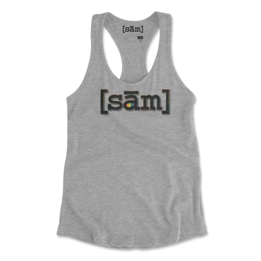 Grey Racerback tank top with Same Apparel LGBTQ pride logo on the front. Logo is black letters with rainbow color outline.