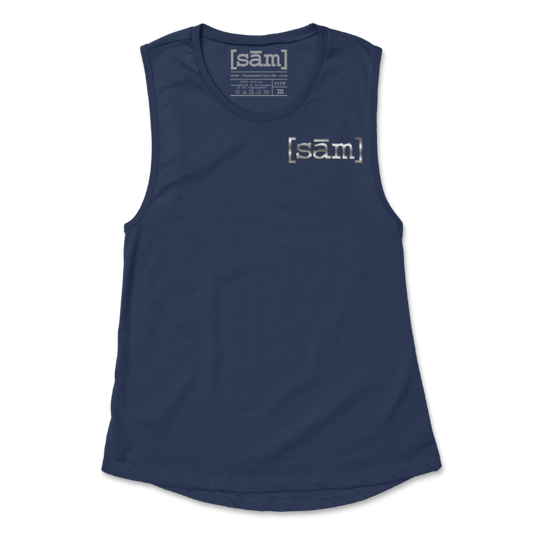 Same Apparel logo in silver on upper left chest of Navy LGBTQ+ muscle tank.