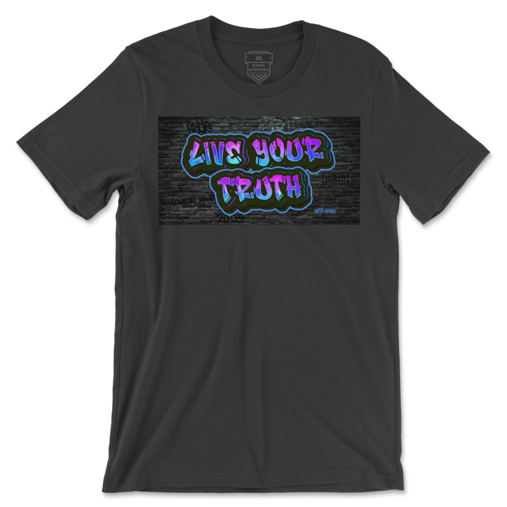 Black short sleeve gay t-shirt brand Same Apparel. "Live your truth" graphic design on front in graffiti style font against a black brick wall with other graffiti written on wall.