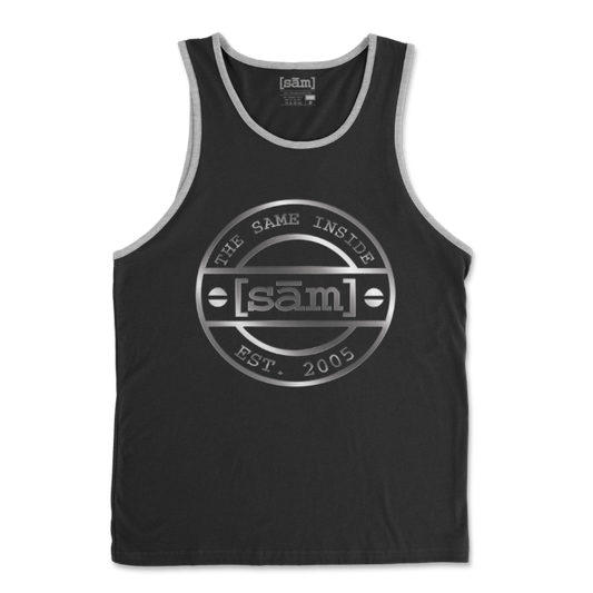 Black tank with heather gray arm and neck. Same Apparel LGBTQ+ logo in silver on the front center of pride tank. Logo is a stamp design, looks like a metal plate with screws on both sides, Same Apparel logo in the middle. Est. 2005 at the bottom and The Same Inside at the top.