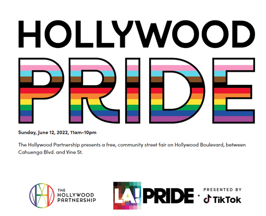 The words Hollywood Pride, with Pride being made up of the colors of the gay flag. 