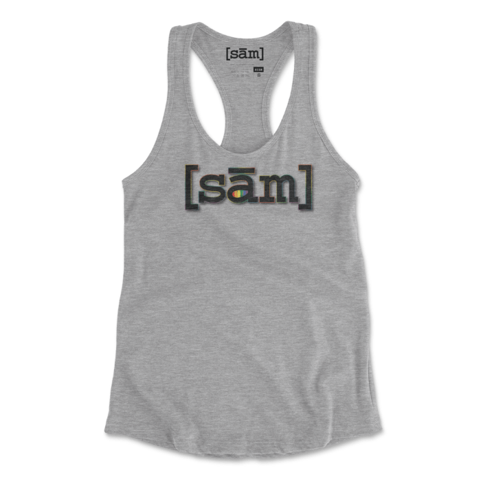 Grey Racerback tank top with Same Apparel LGBTQ pride logo on the front. Logo is black letters with rainbow color outline.