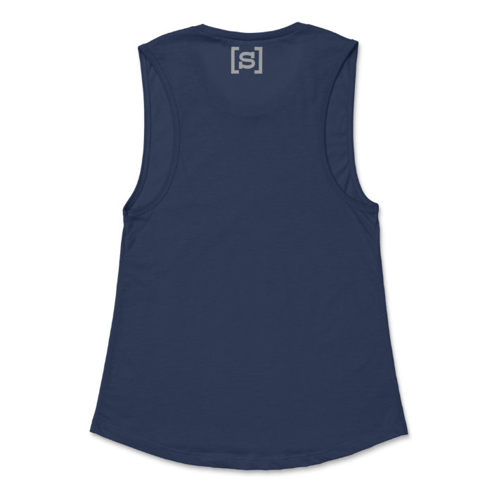 Navy Blue Same Apparel muscle tank-back, with gray LGBTQ+ Same Apparel logo in top neck right below back collar.