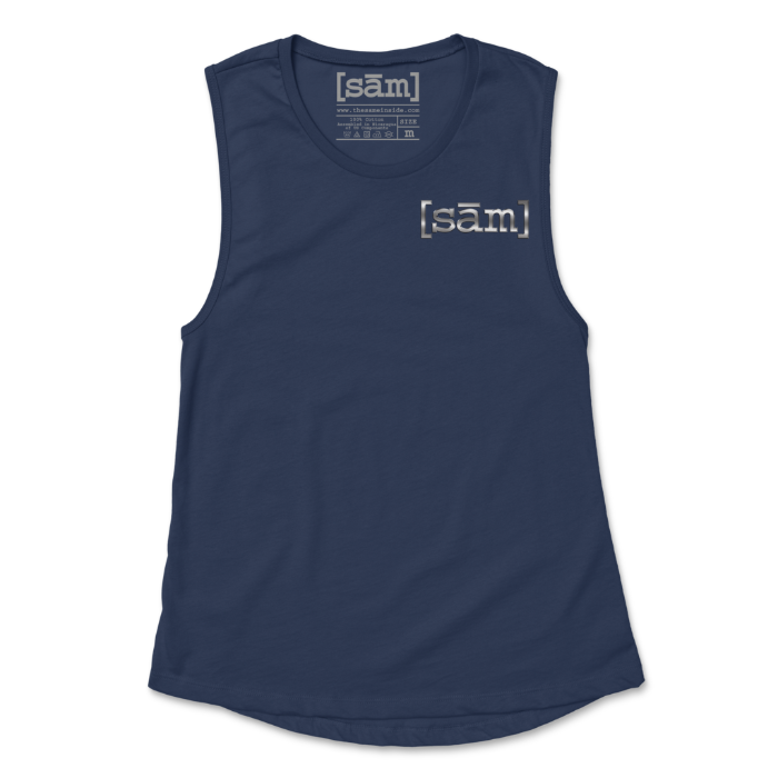 Same Apparel logo in silver on upper left chest of Navy LGBTQ+ muscle tank.