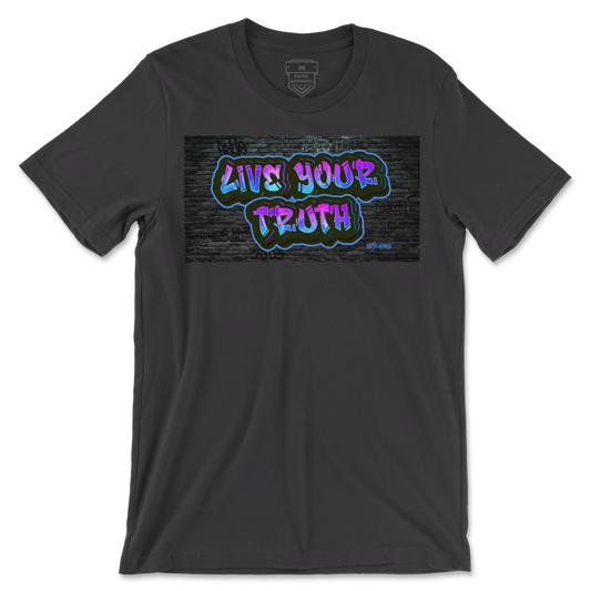 Black short sleeve gay t-shirt brand Same Apparel. "Live your truth" graphic design on front in graffiti style font against a black brick wall with other graffiti written on wall.