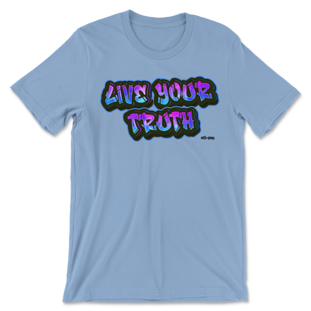 Flat lay baby blue short sleeve Same Apparel LGBTQ clothing brand pride shirt. Has "Live Your Truth" on front of shirt in graffiti style pink and electric blue font.