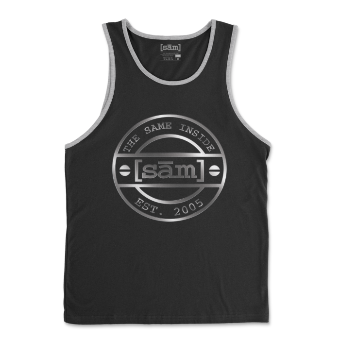 Black tank with heather gray arm and neck. Same Apparel LGBTQ+ logo in silver on the front center of pride tank. Logo is a stamp design, looks like a metal plate with screws on both sides, Same Apparel logo in the middle. Est. 2005 at the bottom and The Same Inside at the top.