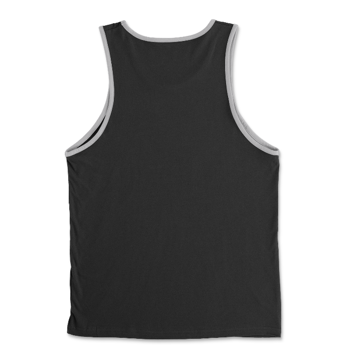 Same Apparel black cotton LGBTQ+ pride tank, flat lay showing back. Tank has gray arm and neck outline.